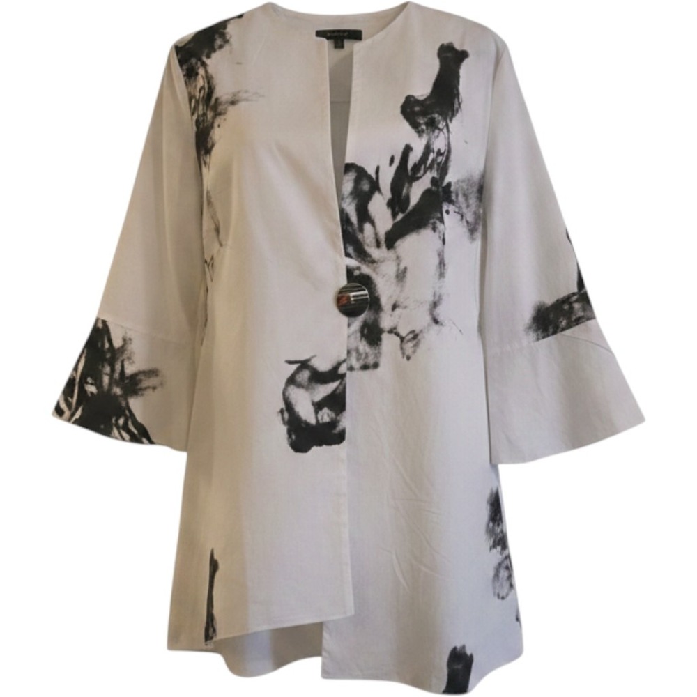 Radzoli‎ Womens Abstract Ink Blot Print Ruffle Sleeve Open Front Jacket White M